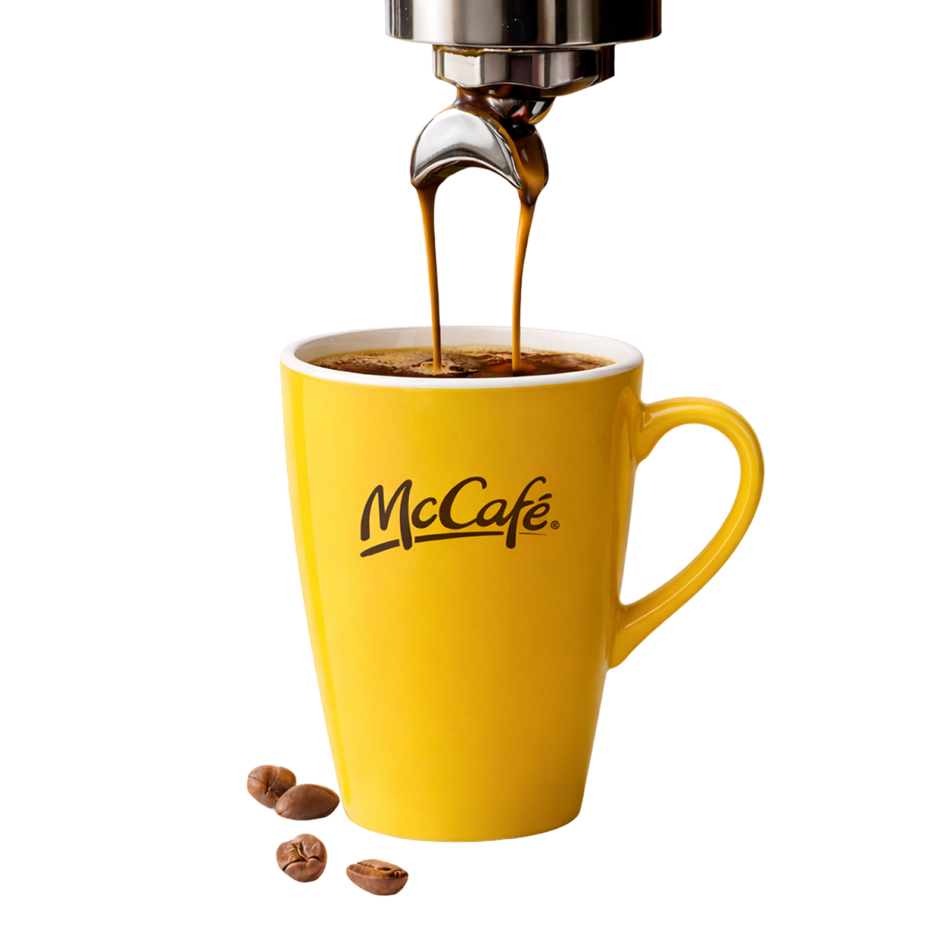 Espresso machine pouring fresh coffee into a McCafe cup