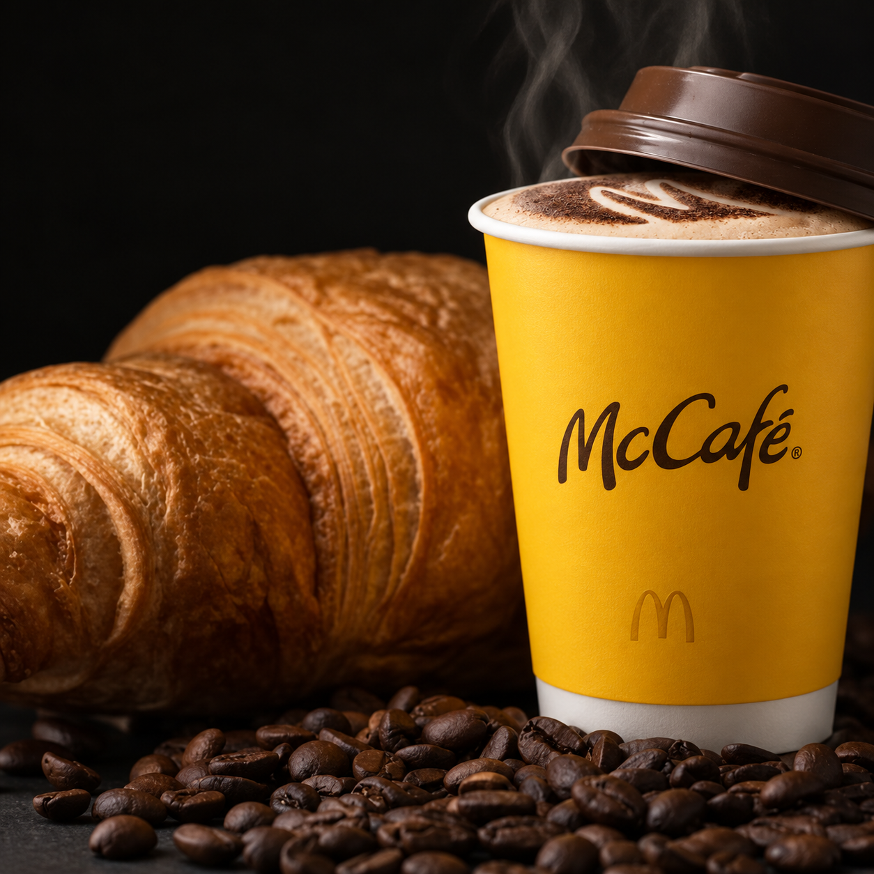 Croissant and McCafe cup with roasted coffee beans