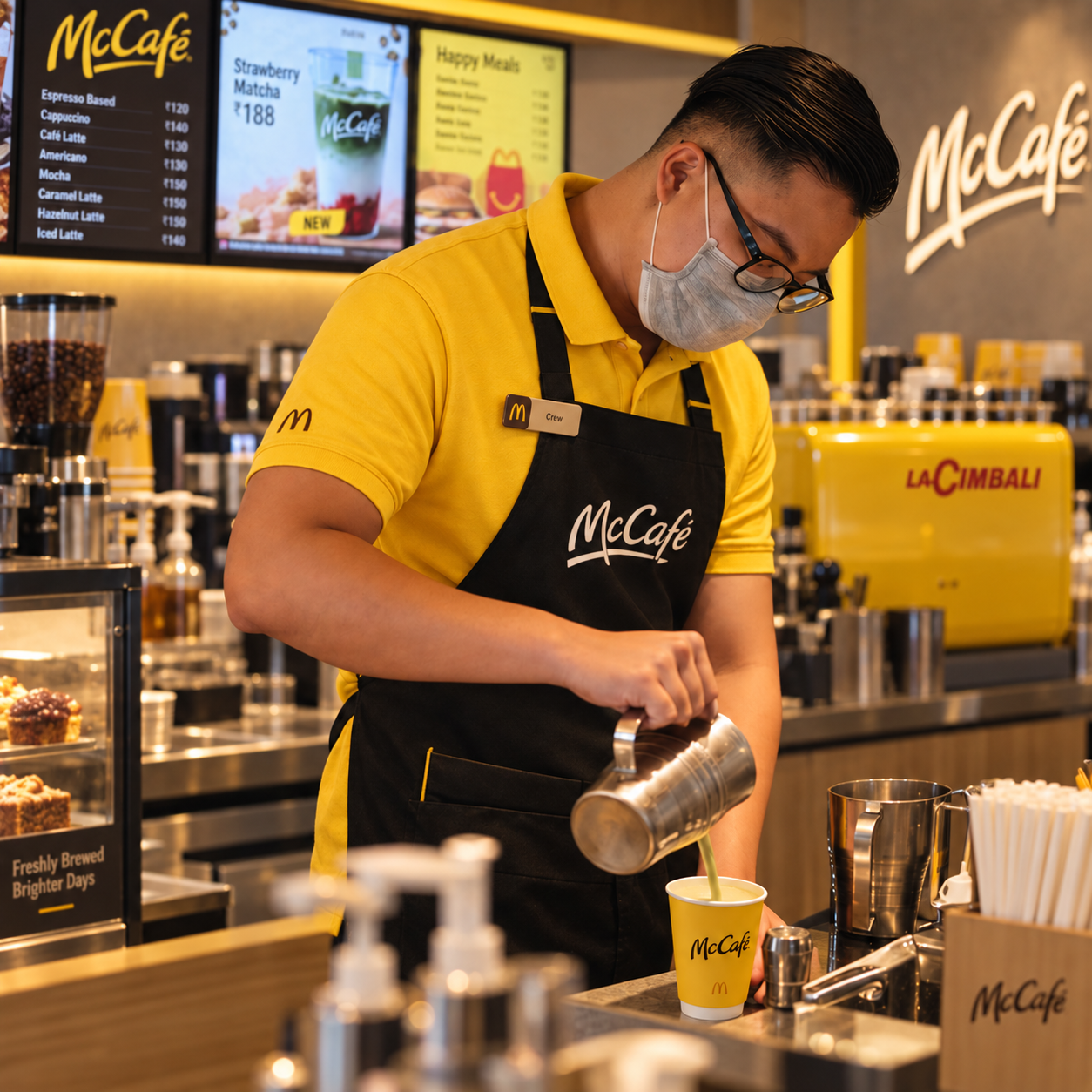 McCafe barista steaming milk at the espresso machine